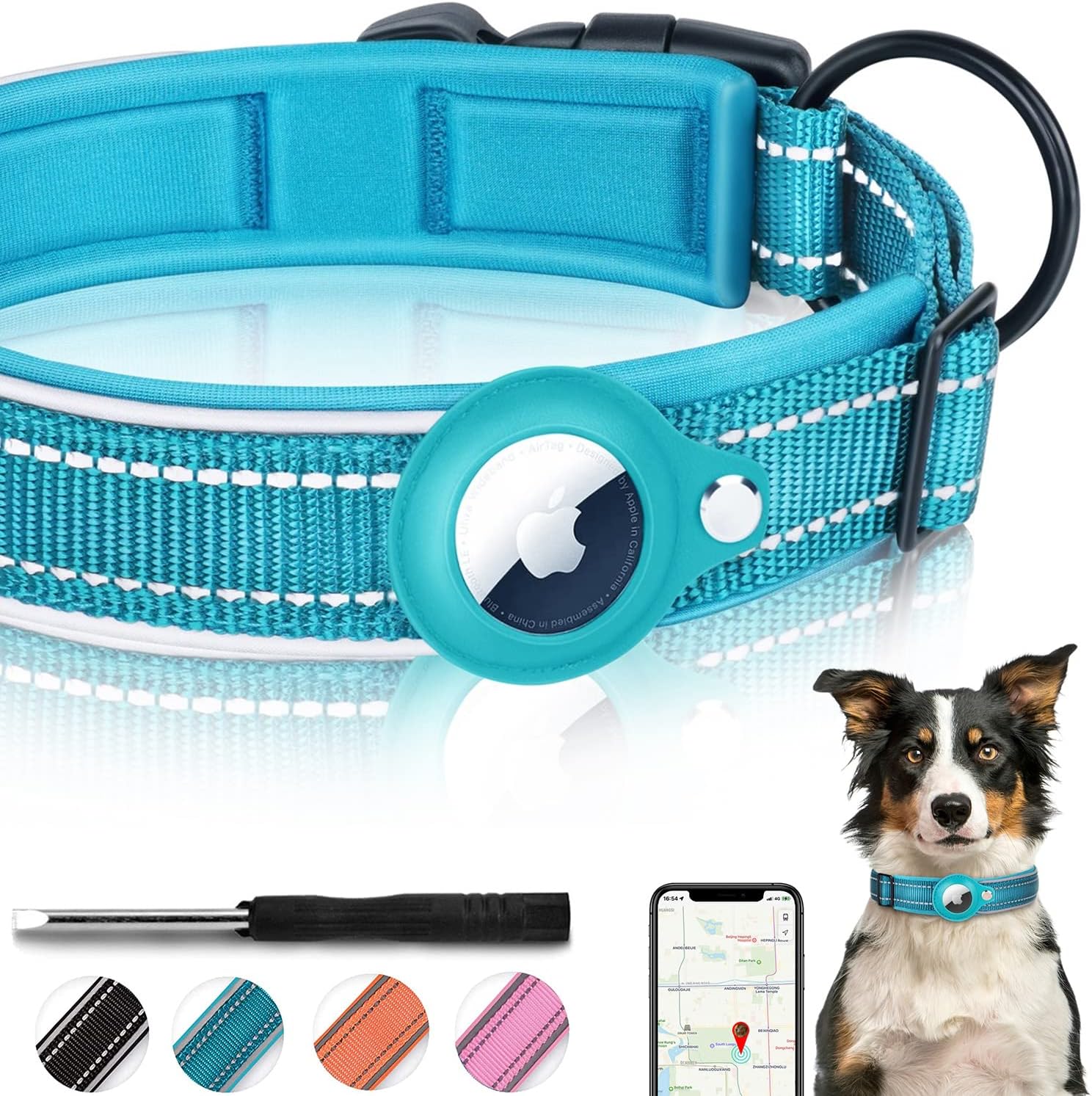 GPS Dog Collar with AirTag Holder - Durable Nylon Design for Tracking
